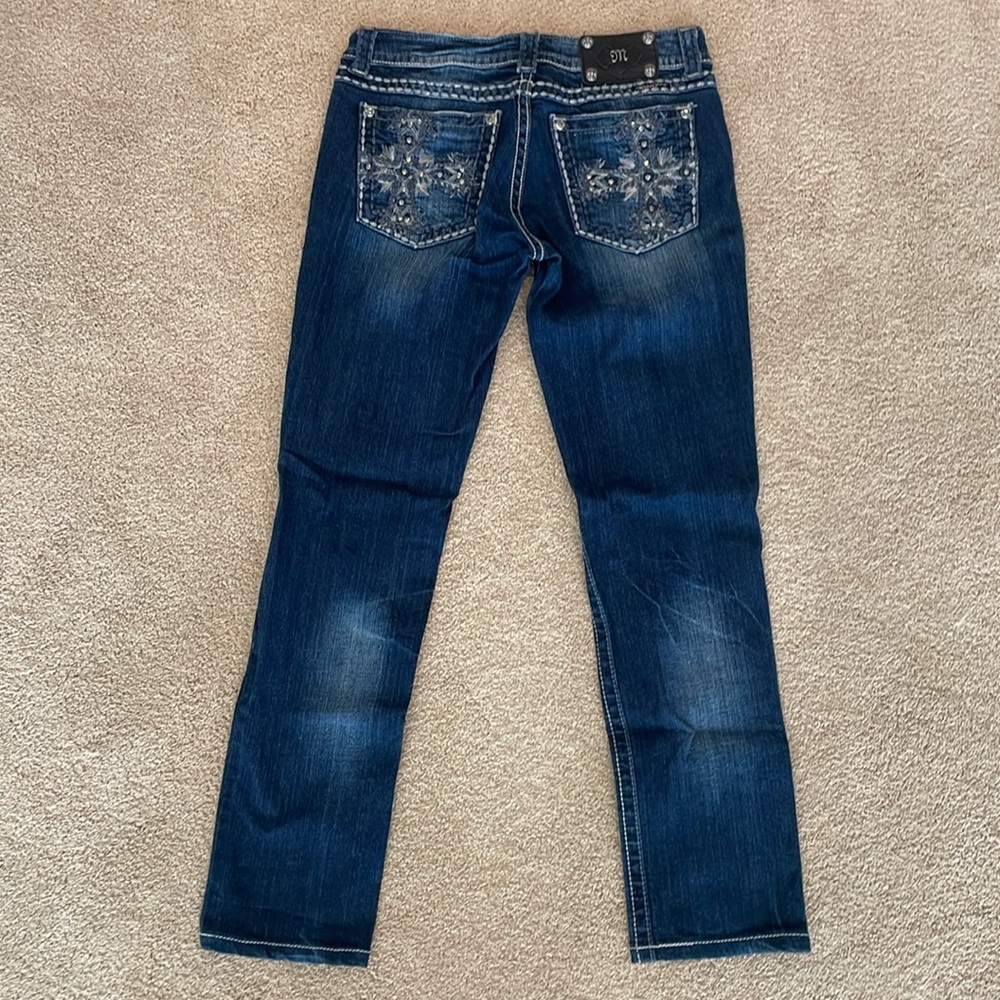 Miss Me Dark Blue Skinny Jeans with Intricate Silver Details - Picture 2 of 7